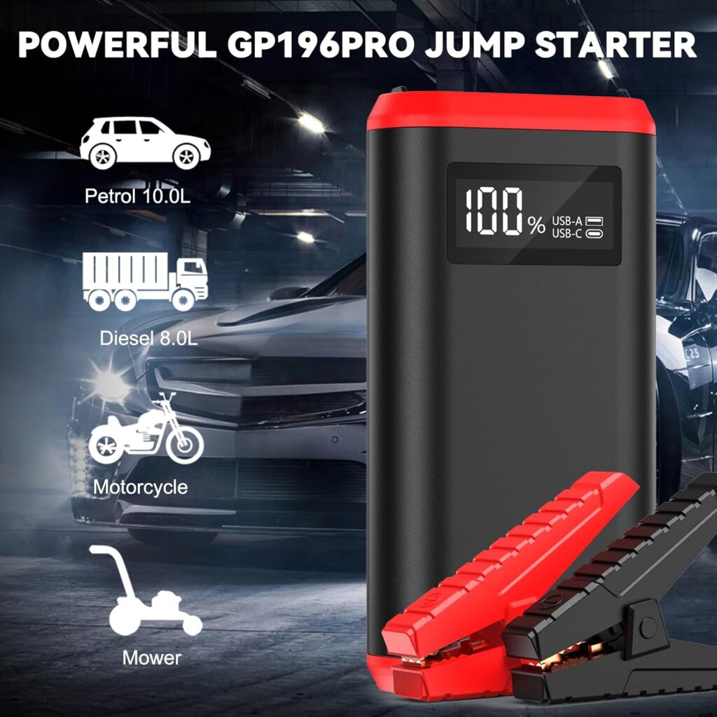 GREPRO Car Battery Jump Starter, 3000A Battery Jumper Starter Portable for Up to 10L Gas or 8.0L Diesel Engines, 12V Jumper Box for Car Battery with LCD Display, 3 Modes Flashlight