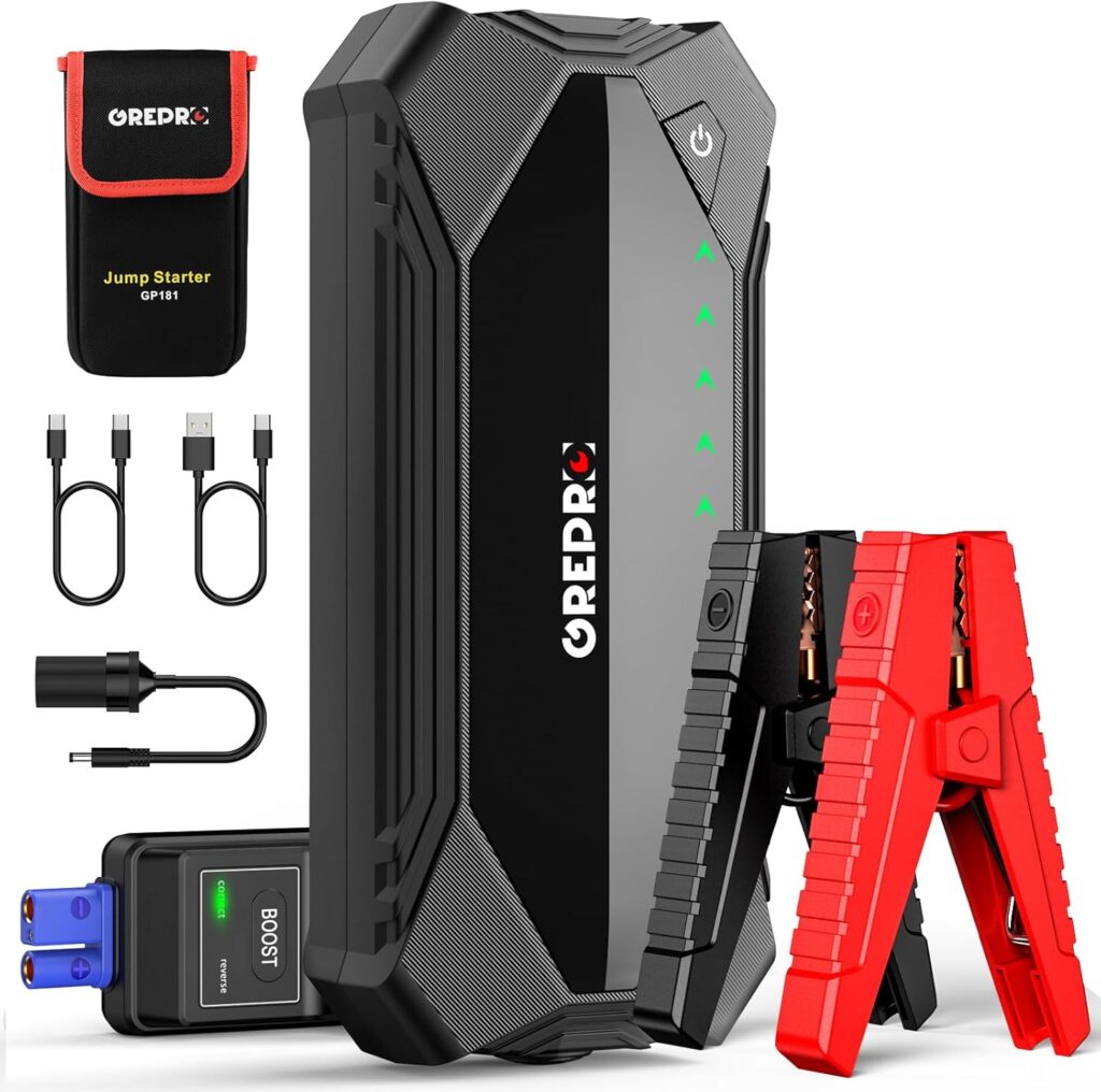 GREPRO Car Jump Starter, 3000A Car Battery Jump Starter Battery Pack (10L Gas  8.0L Diesel Engines), 12V Battery Booster, Jump Box with Jumper Cables, Car Battery Jumper with LED Light