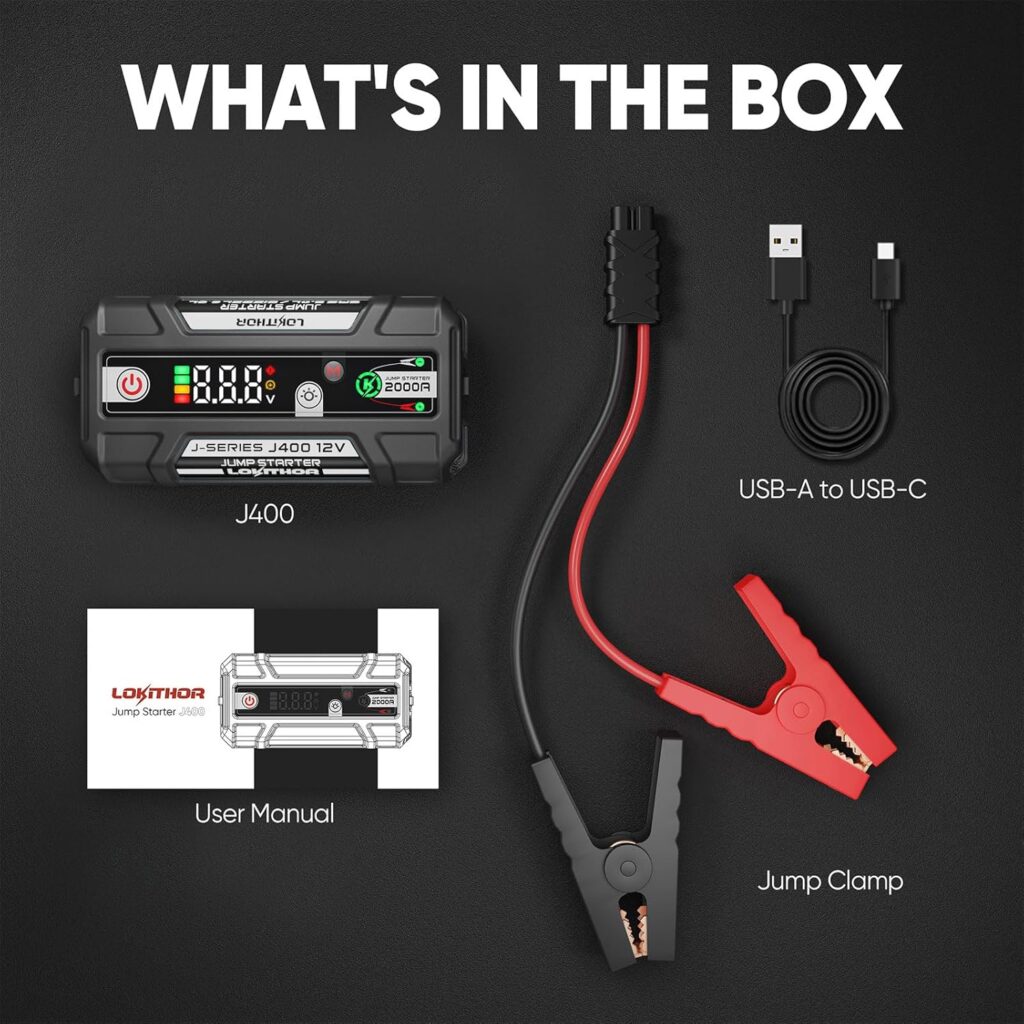 J400 2000A 12V Portable Lithium Jump Starter, Car Battery Booster Pack, USB-C Powerbank Charger, and Jumper Cables for Upto 8.0-Liter Gas and 6.0-Liter Diesel Engines, Smart Digital Screen