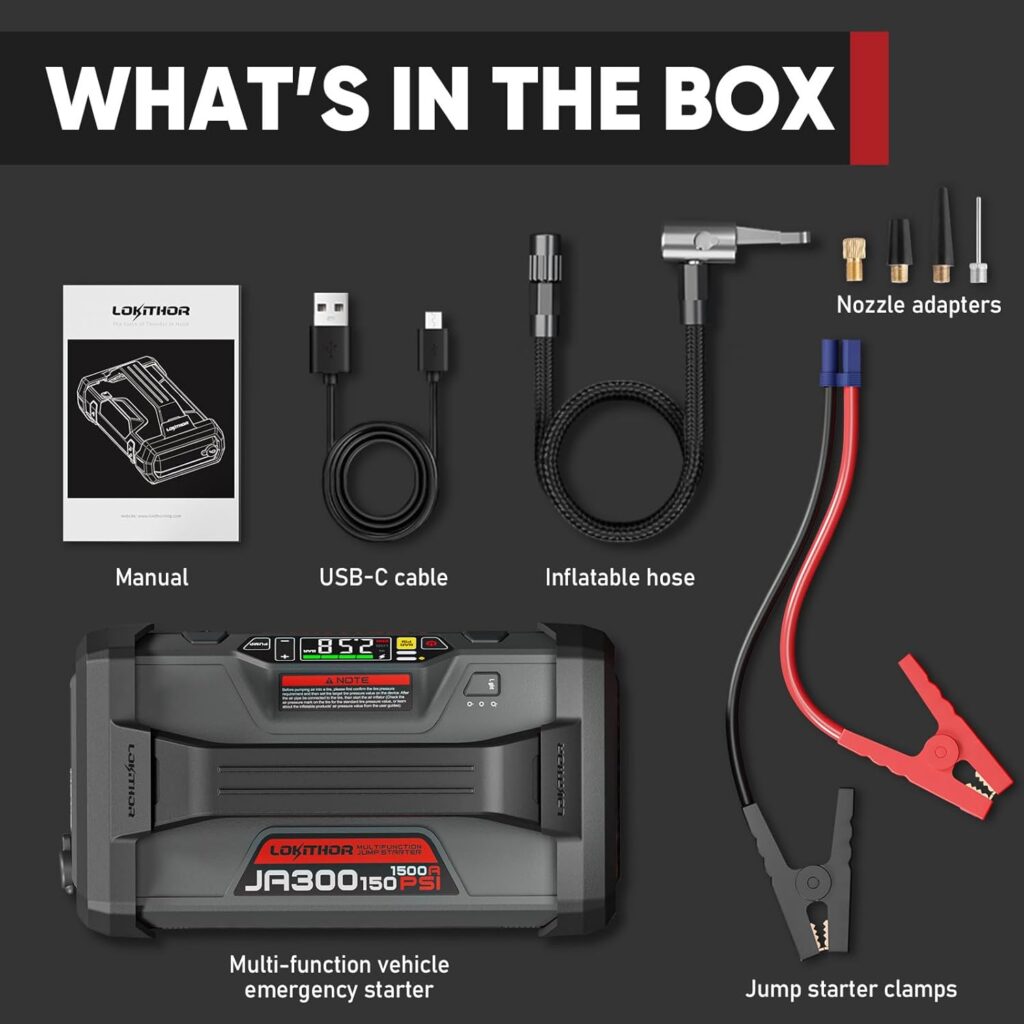 JA300 Jump Starter with Air Compressor, 1500Amp 12V Portable Car Battery Booster Pack for Upto 7.0L Gas or 4.5L Diesel, 150 PSI Tire Inflator with Digital Screen, 24 Months Ultra-Long Standby