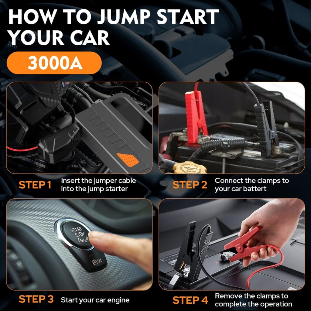 Jump Starter 12V 2000A for Car/Boat/Lawnmower(8.0L Gas/6.5L Diesel Engine) Portable Booster Battery Pack with Jump Cables/Wall Charger/USB Cable