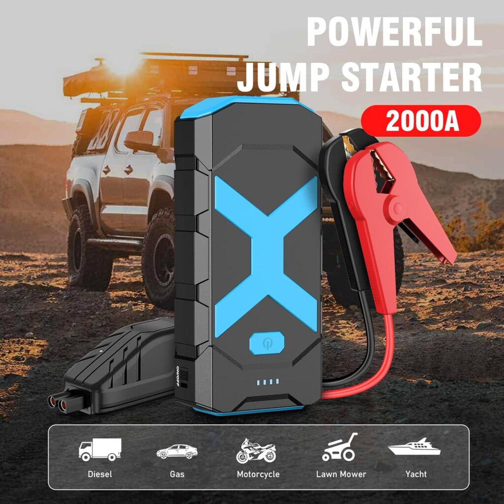 Jump Starter 12V 2000A for Car/Boat/Lawnmower(8.0L Gas/6.5L Diesel Engine) Portable Booster Battery Pack with Jump Cables/Wall Charger/USB Cable