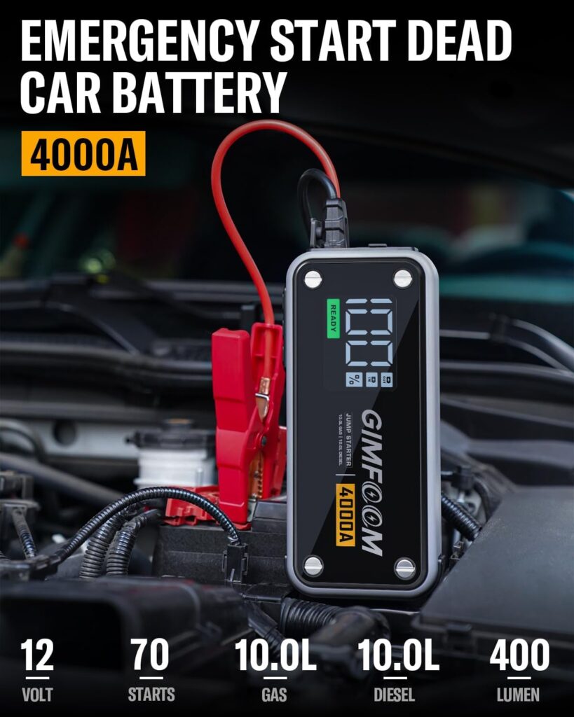 Jump Starter, 4000A Jump Starter Battery Pack with Wall Charger (10L Gas  10L Diesel Engines), 12V Car Battery Jump Starter with 3.4 Inch Smart Display, Jump Box with LED Light (Black)