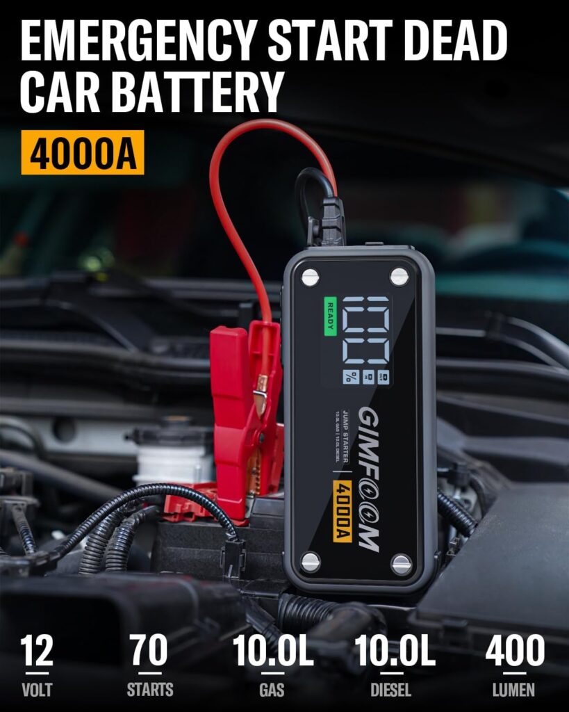 Jump Starter, 4000A Jump Starter Battery Pack with Wall Charger (10L Gas  10L Diesel Engines), 12V Car Battery Jump Starter with 3.4 Inch Smart Display, Jump Box with LED Light (Black)