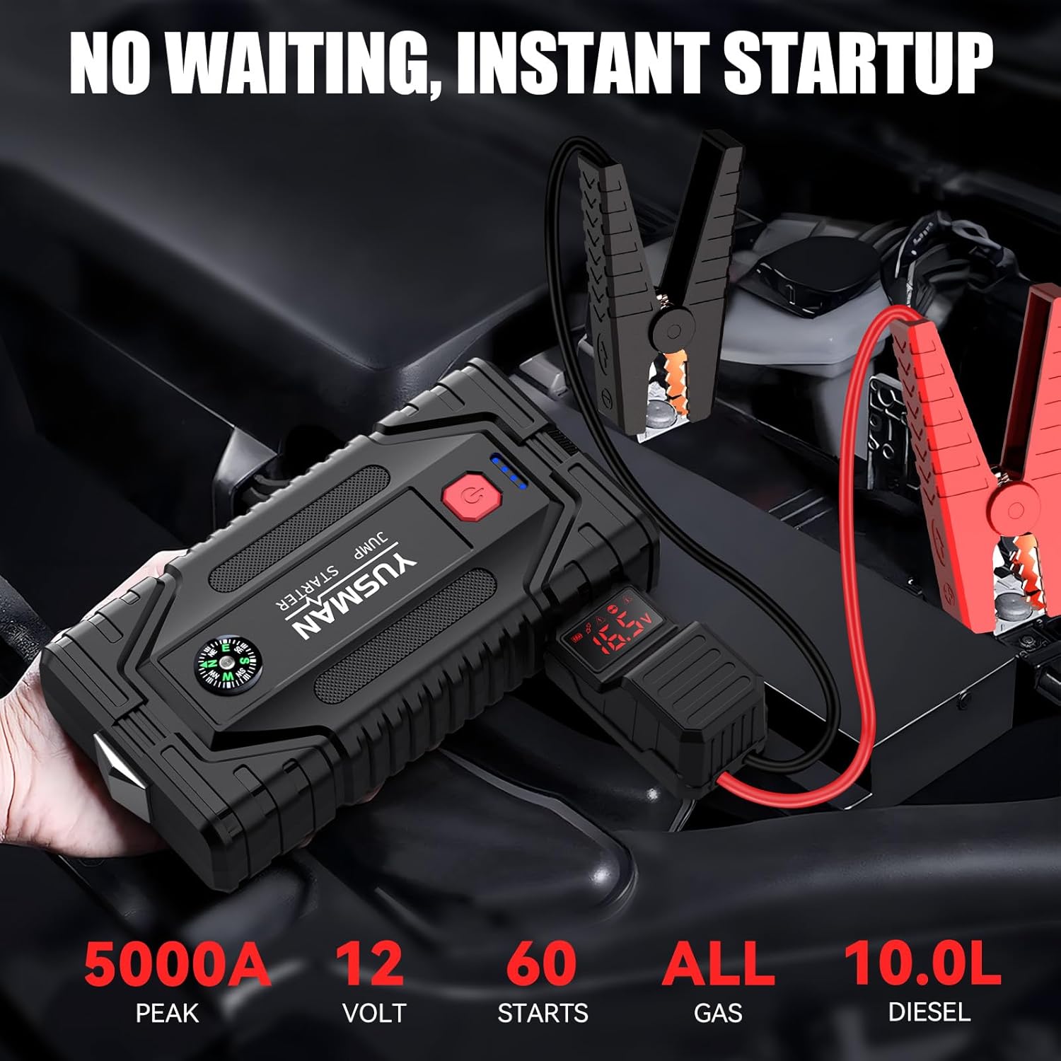 Jump Starter, 5000A Car Jump Starter, 12V Battery Jump Starter Pack, Portable Charger and Jumper Cables for All Gasoline and 10L Diesel Engines, Dual USB Quick Charge 3.0 and LED Bright Light