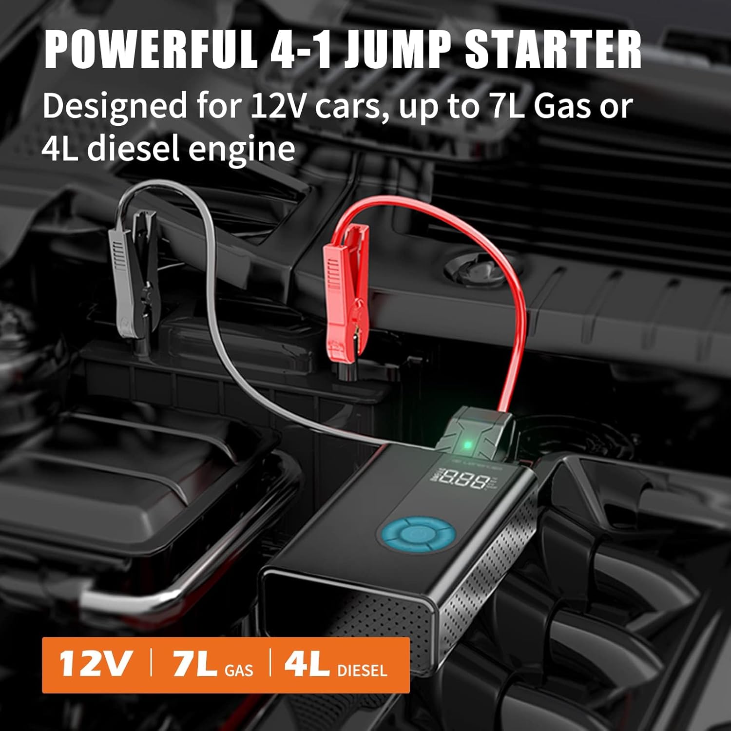 Jump Starter with Air Compressor, 1500A Potable Battery Booster with 150PSI Digital Auto Tire Inflator, 12V Car Battery Charger with USB Quick Charge 3.0(Up 7.0L Gas/4.0L Diesel Engine)