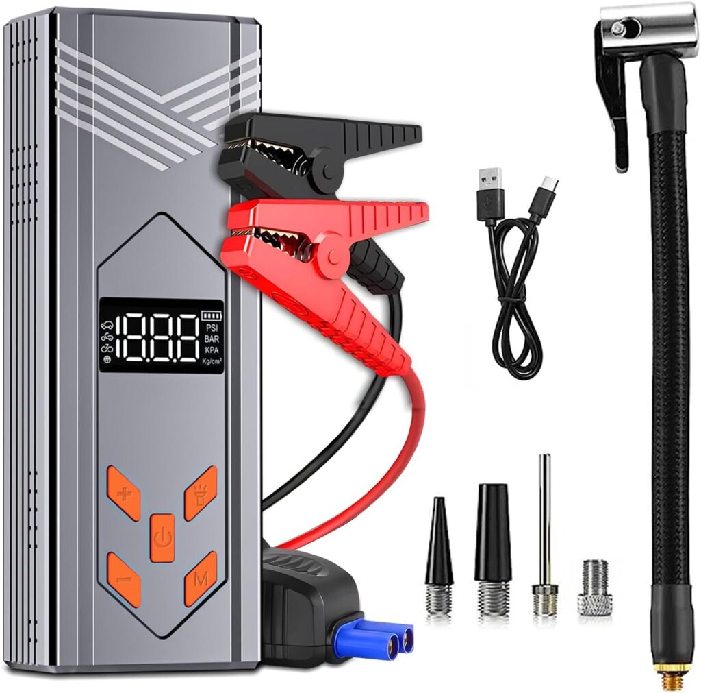 Jump Starter with Air Compressor, 3000A Car Jumper Starter Battery Pack with 150PSI Tire Inflator, 12V Portable Jump Box for Car Charger Battery Booster with LCD Display (Up 9L Gas/8L Diesel Engine)