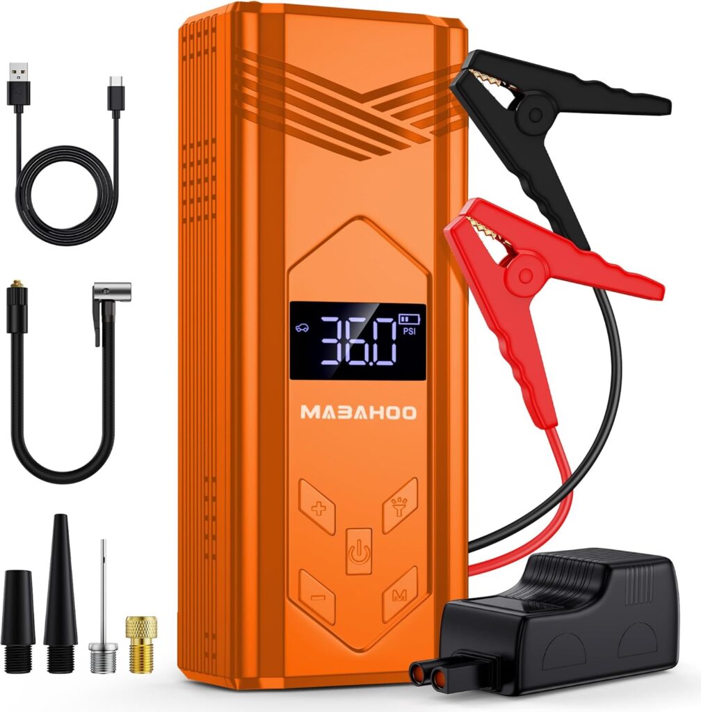 Jump Starter with Air Compressor, 3000A Car Jumper Starter Battery Pack with 150PSI Tire Inflator, 12V Portable Jump Box for Car Charger Battery Booster with LCD Display, Orange