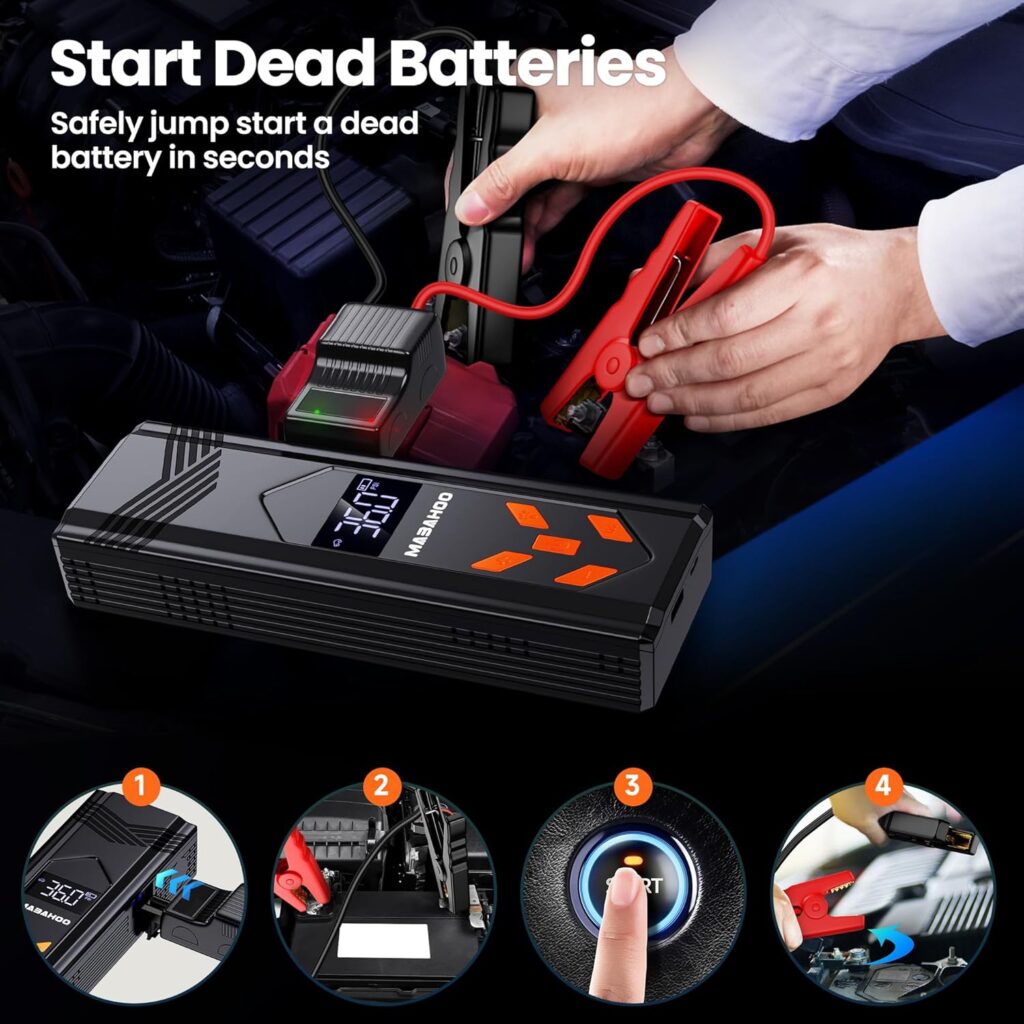 Jump Starter with Air Compressor, 3000A Car Jumper Starter Battery Pack with 150PSI Tire Inflator, 12V Portable Jump Box for Car Charger Battery Booster with LCD Display, Orange