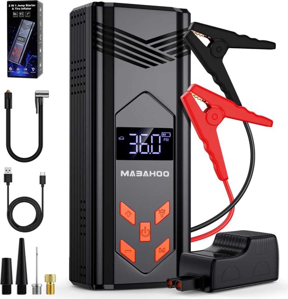 Jump Starter with Air Compressor, 3000A Car Jumper Starter Battery Pack with 150PSI Tire Inflator, 12V Portable Jump Box for Car Charger Battery Booster with LCD Display (Up 9L Gas/8L Diesel Engine)