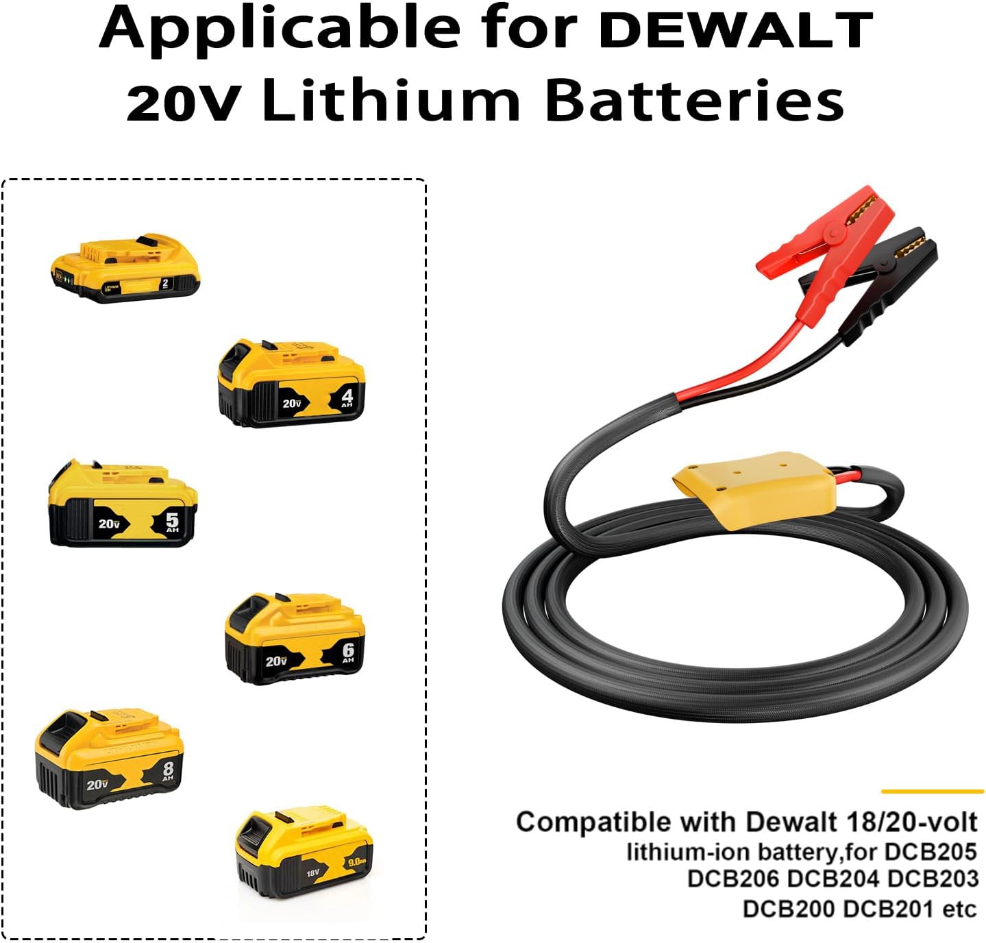 Jumper Cables with Adapter for Dewalt 20V Battery, 3.3FT 8AWG Portable Battery Dewalt Jumper Starter Automotive Booster Cables Power for Car Jump Starting Using Tool