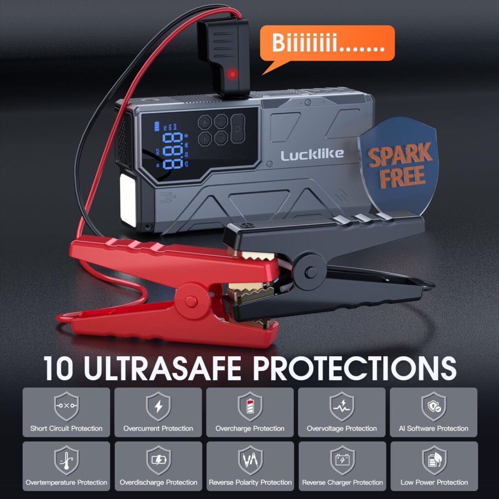 【New】 Lucklike Jump Starter with Air Compressor, 4000A Portable Car Battery Jumper Starter Pack for 10L Gas and 8L Diesel, Tire Inflator with Presssure Detection, 12V Jump Box with 3 Modes Flashlight