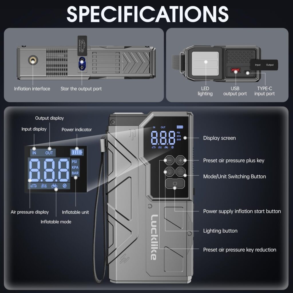 【New】 Lucklike Jump Starter with Air Compressor, 4000A Portable Car Battery Jumper Starter Pack for 10L Gas and 8L Diesel, Tire Inflator with Presssure Detection, 12V Jump Box with 3 Modes Flashlight