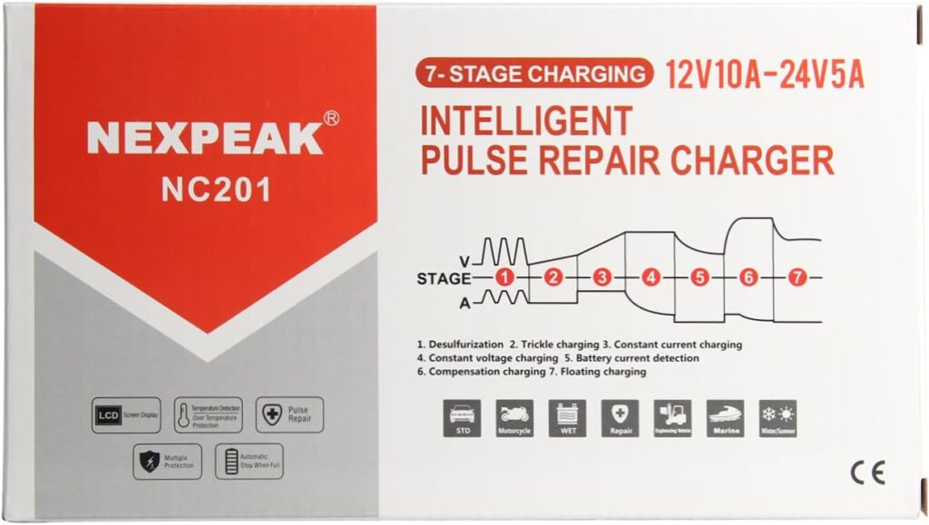NEXPEAK NC201 10-Amp Battery Charger, Smart Trickle Charger 12V 24V Car Battery Charger Fully Automatic Maintainer Desulfator w/Temp Compensation for Car Truck Lawn Mower Boat Marine Batteries