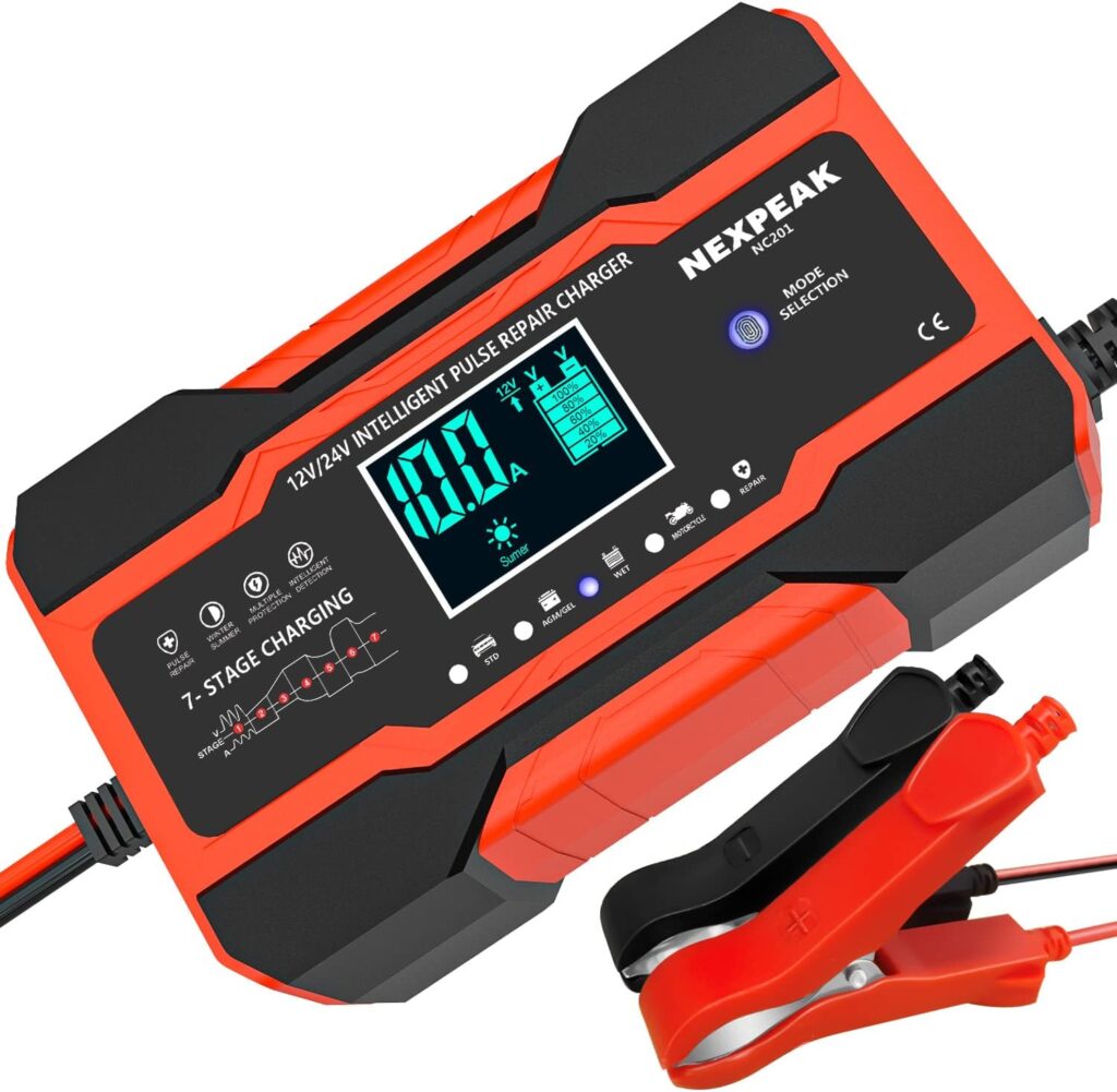 NEXPEAK NC201 10-Amp Battery Charger, Smart Trickle Charger 12V 24V Car Battery Charger Fully Automatic Maintainer Desulfator w/Temp Compensation for Car Truck Lawn Mower Boat Marine Batteries