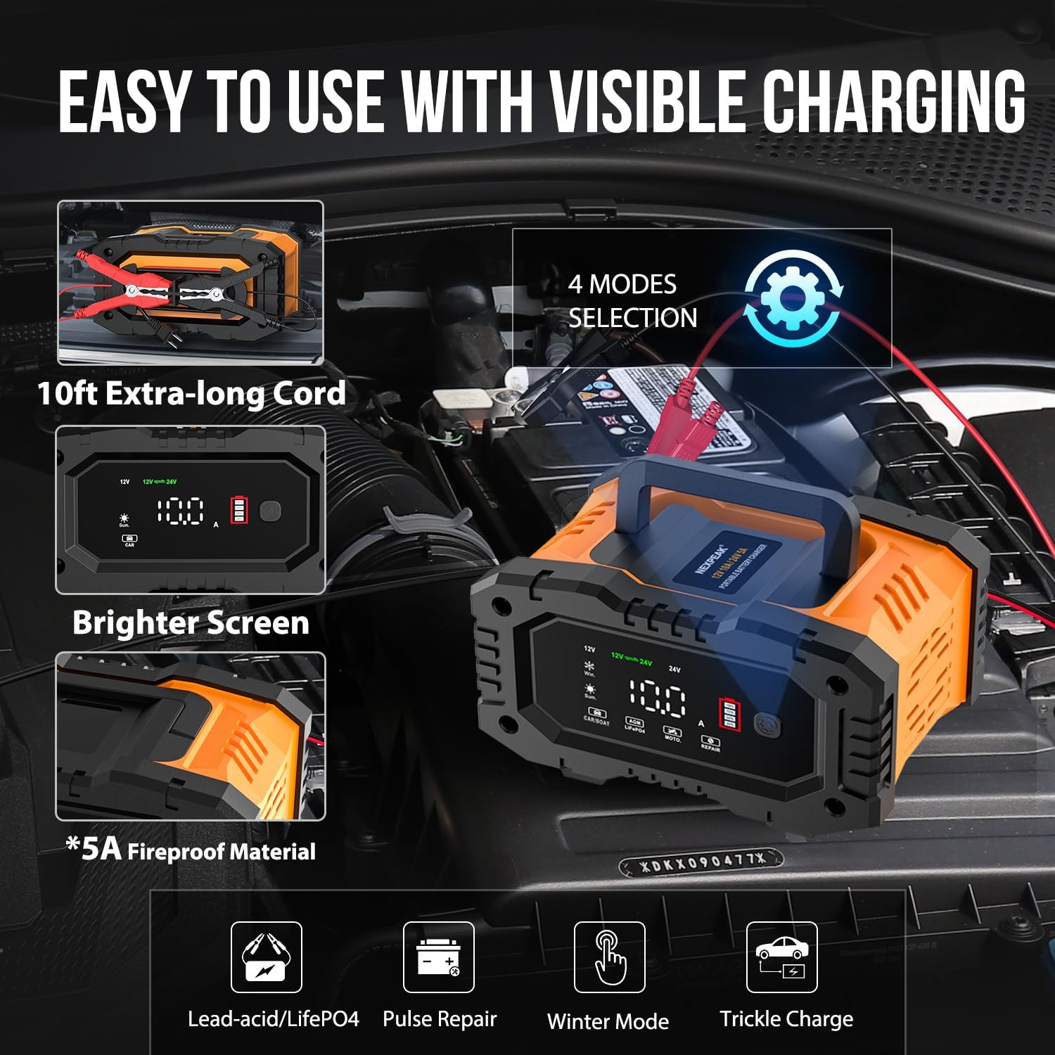 NEXPEAK NC202 10-Amp Battery Charger, 12V 24V LiFePO4 Lead Acid Portable Car Battery Charger 8-Stage Trickle Charger Smart Battery Maintainer w/Temp Compensation for Car Truck Motorcycle Lawn Mower