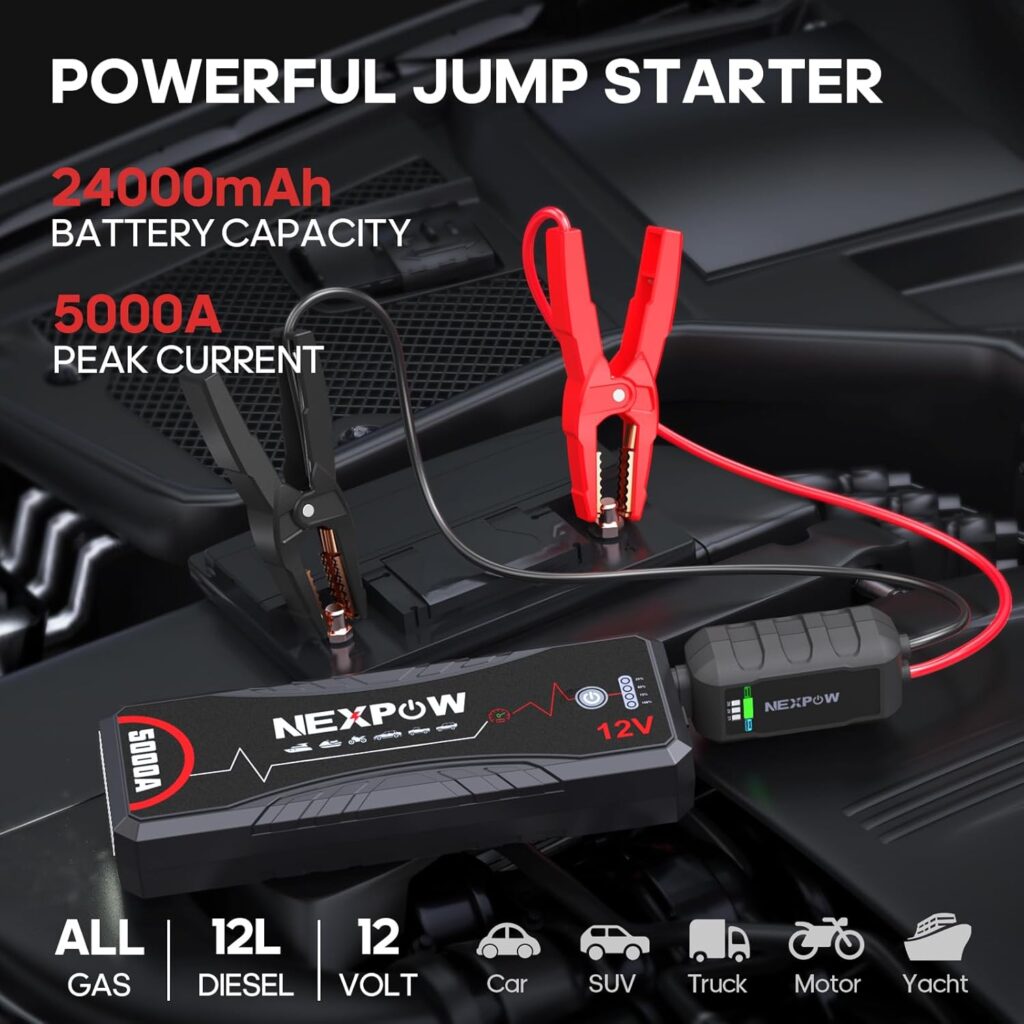 NEXPOW Car Jump Starter,Car Battery Jump Starter Pack 5000A Peak Q12 for All Gas and Up to10.0L Diesel Engine 12V Auto Battery Booster,Jumper Cables,Portable Lithium Jump Box with LED Light/USB QC3.0