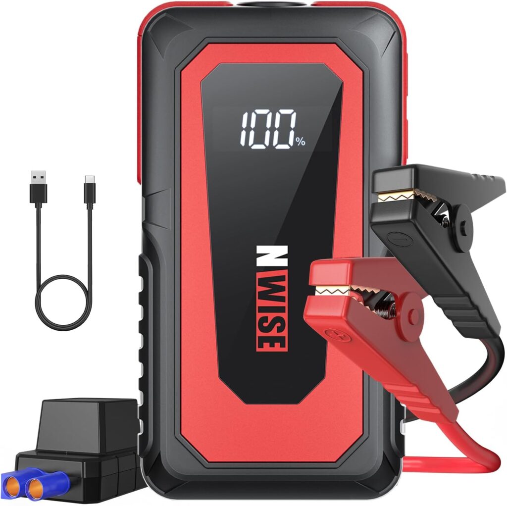 NWISE Car Jump Starter, 1600A Peak Portable Battery Starter with Smart Safety Jumper Clamps,12V Jump Boxes with Dual USB Quick Charge 3.0, LED Light Black