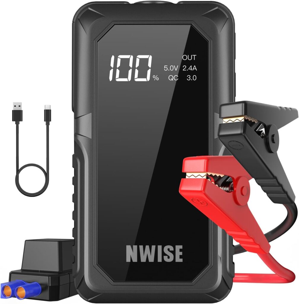 NWISE Car Jump Starter, 1600A Peak Portable Battery Starter with Smart Safety Jumper Clamps,12V Jump Boxes with Dual USB Quick Charge 3.0, LED Light Black