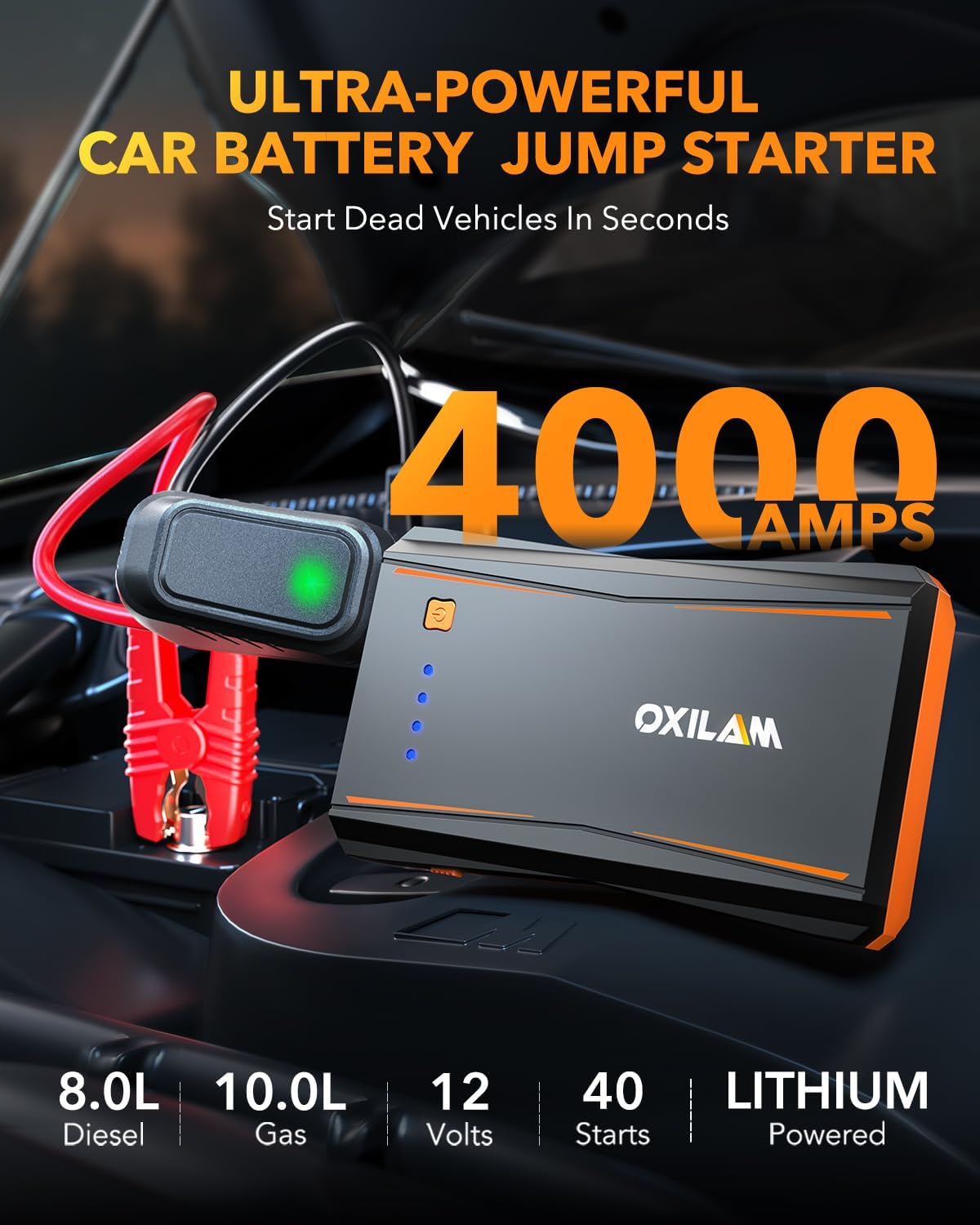 OXILAM Jump Starter, 4000A Peak Car Battery Jumper Starter Portable, Up to 10L Gas and 8L Diesel Engines, 12V Jumper Cables with Battery Pack, Power Bank, 600 LM LED Flashlight, Orange