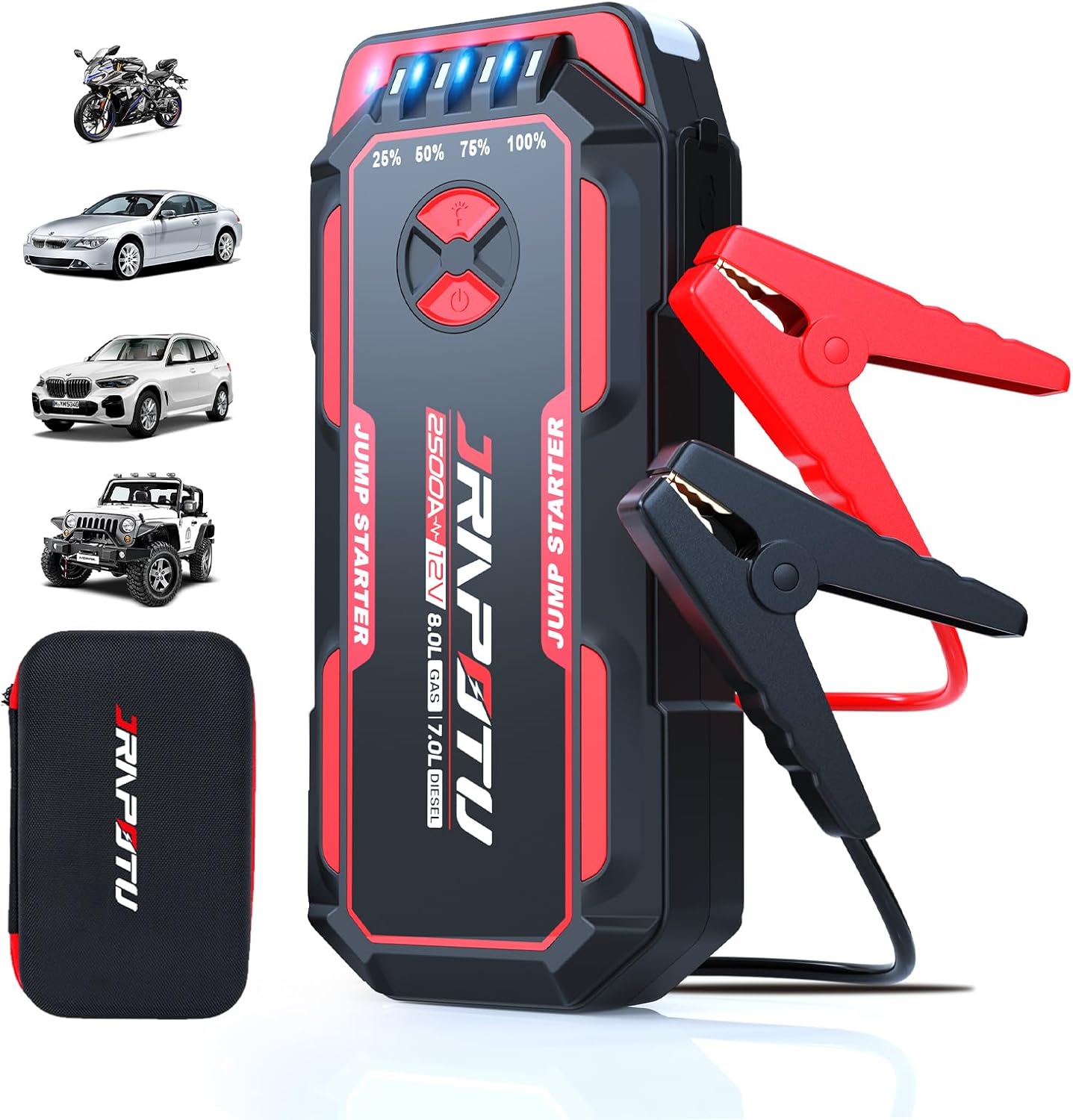 Portable Car Jump Starter, 2500A Peak Battery Jumper Starter Portable, Jump Box for Car Battery, 12V Portable Jump Starter for 8.0L Gas  7.0L Diesel Cars with USB Ports  LED Flashlight