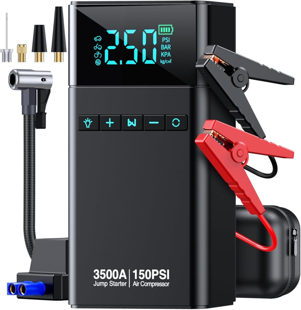 Portable Car Jump Starter with Air Compressor, 3500A 150PSI Car Battery Jump Starter Battery Pack (All Gas/10L Diesel), 12V Car Jump Box Car Battery Jumper Starter, Large LCD Display, 2 Lights