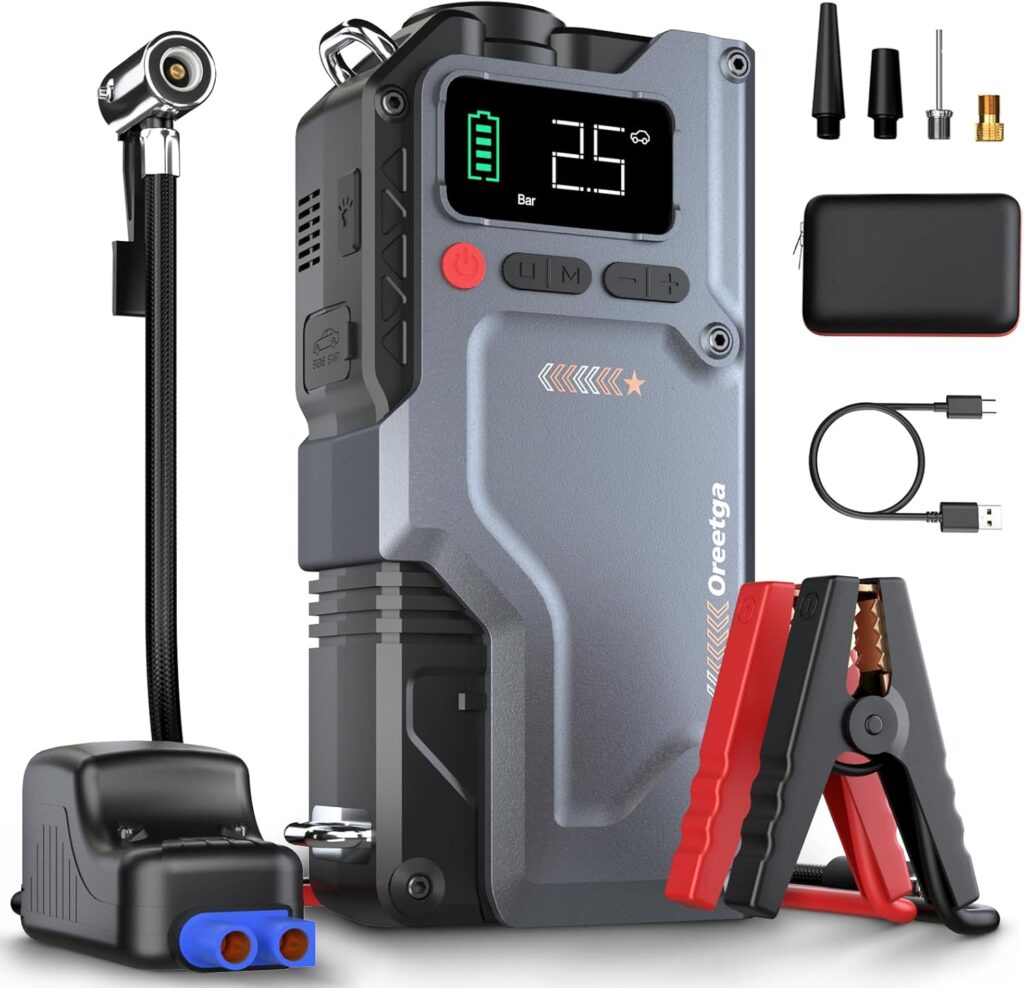 Portable Car Jump Starter with Air Compressor, 6000A Car Battery Jump Starter Battery Pack, 12V Car Jump Box Car Battery Jumper Starter, 150PSI Car Tire Inflator Air Pump for All Gas/12.0L Diesel