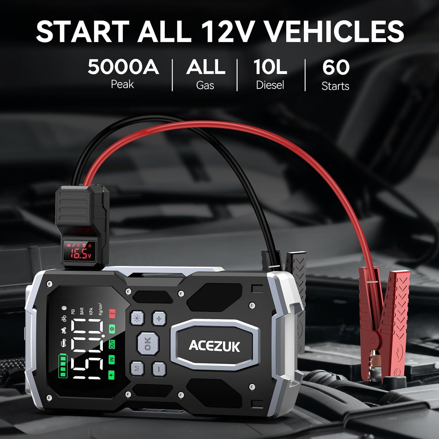 Portable Car Jump Starter with Air Compressor, ACEZUK 150PSI 5000A Jump Starter (All Gas/10.0L Diesel), 12V Car Battery Jump Box Car Battery Jumper Starter with 3.4 LCD Display, 2 Lights