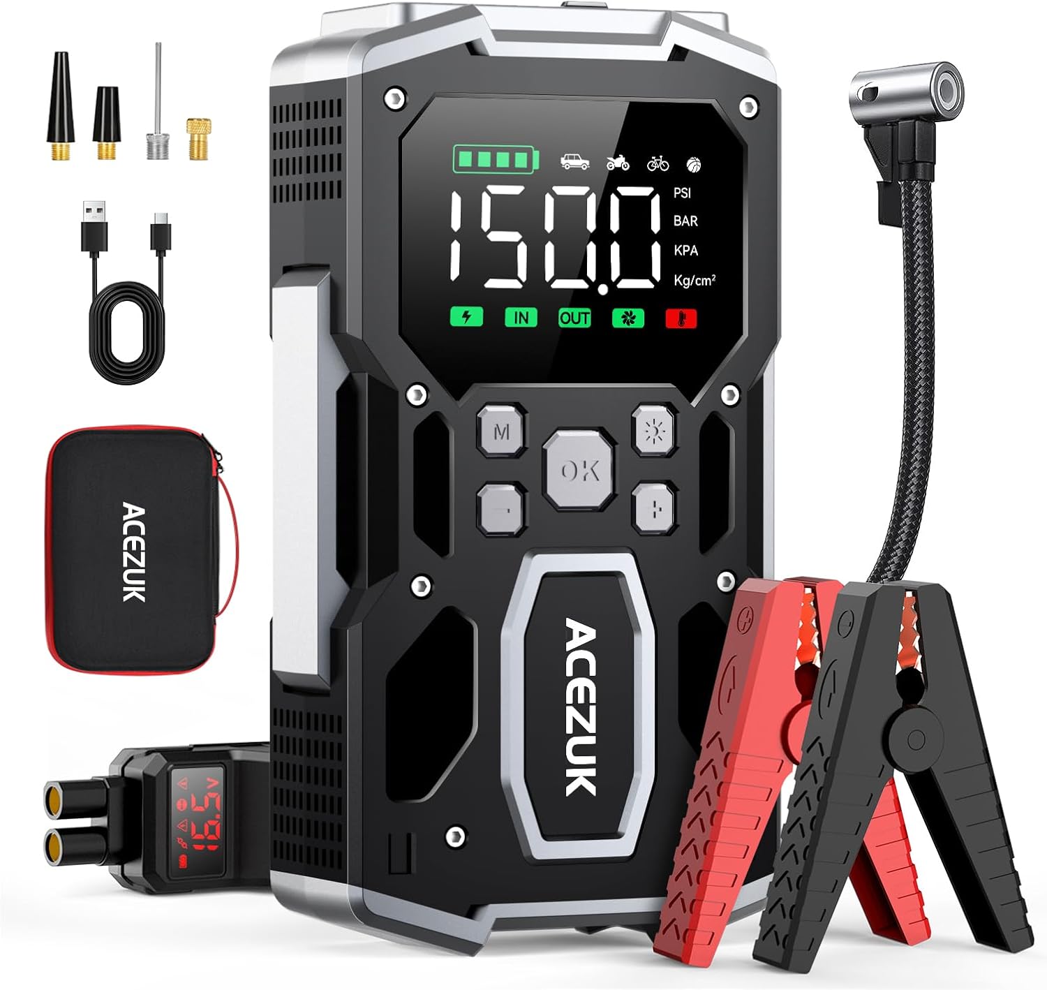 Portable Car Jump Starter with Air Compressor, ACEZUK 150PSI 5000A Jump Starter (All Gas/10.0L Diesel), 12V Car Battery Jump Box Car Battery Jumper Starter with 3.4 LCD Display, 2 Lights