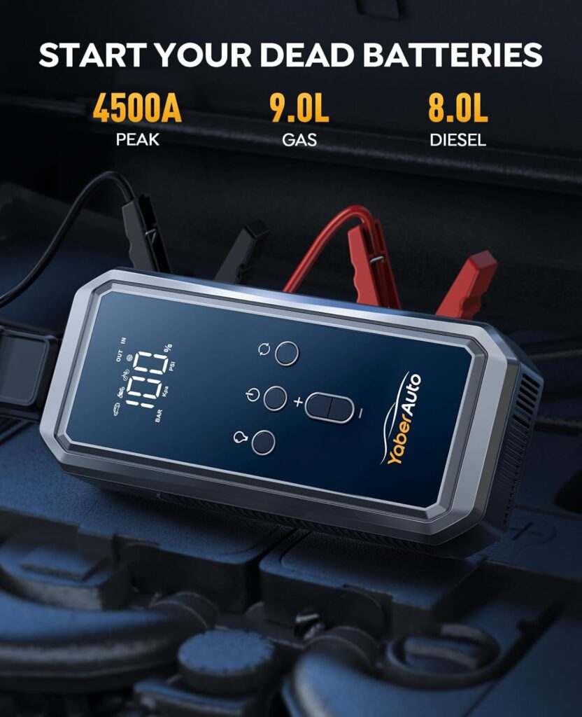 Portable Car Jump Starter with Air Compressor, YaberAuto 150PSI 4500A Car Battery Jump Starter (9.0 Gas/8.0L Diesel), 12V Jump Box Car Battery Jumper Starter with Large LCD Display, Lights