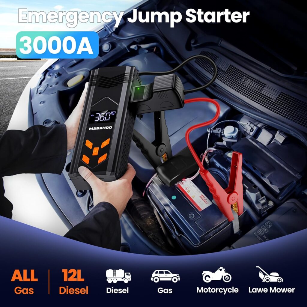 Portable Jump Starter with Air Compressor, 3000A Car Battery Jumper Starter Battery Pack, Jump Box for Car with 150PSI Auto Off Tire Inflator, 12V Car Battery Booster Pack with LCD Display, Light