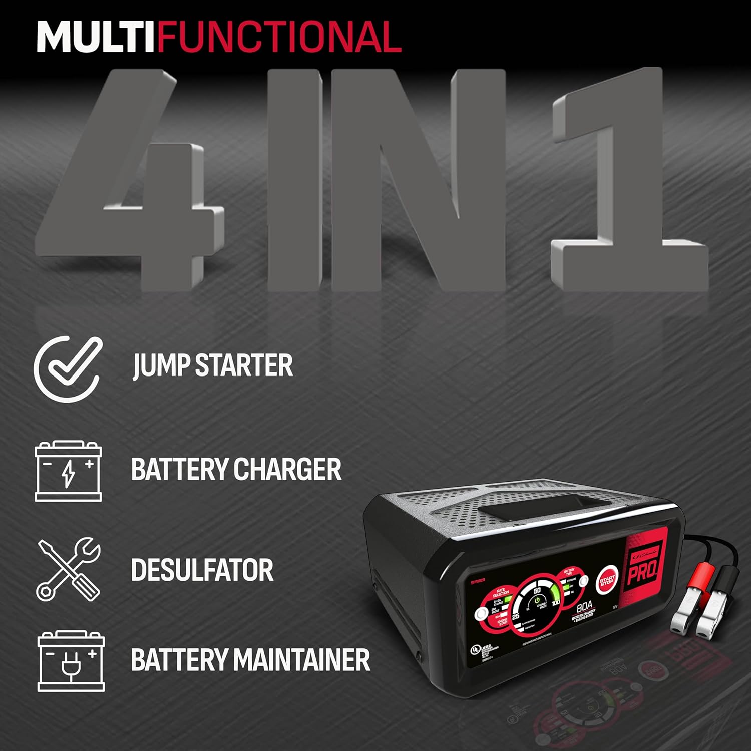 Schumacher Electric 4-in-1 Jump Starter, Battery Charger, Maintainer, and Desulfator, SPR1629-80 Cranking Amps, 20 Amp Boost, 12 Volt, Fully Automatic - for Cars, Trucks, SUVs, and Marine Batteries