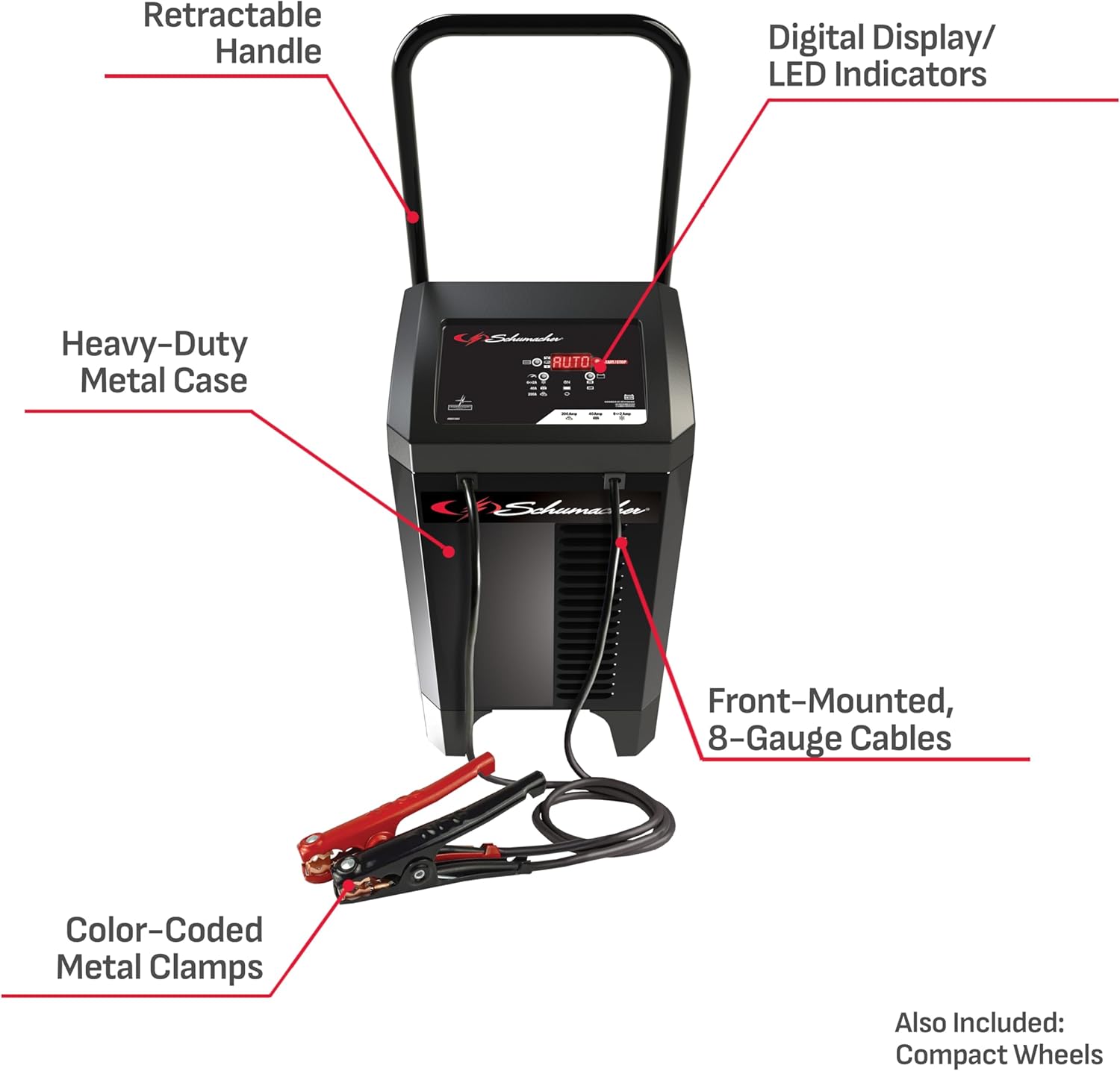 Schumacher Electric 6-in-1 Wheeled Battery Charger and Jump Starter, SC1353 - Fully Automatic, 200 Cranking Amps, 40 Amp Boost, 6 and 12 Volt for Car, SUV, Truck, and Other Large Vehicle Batteries