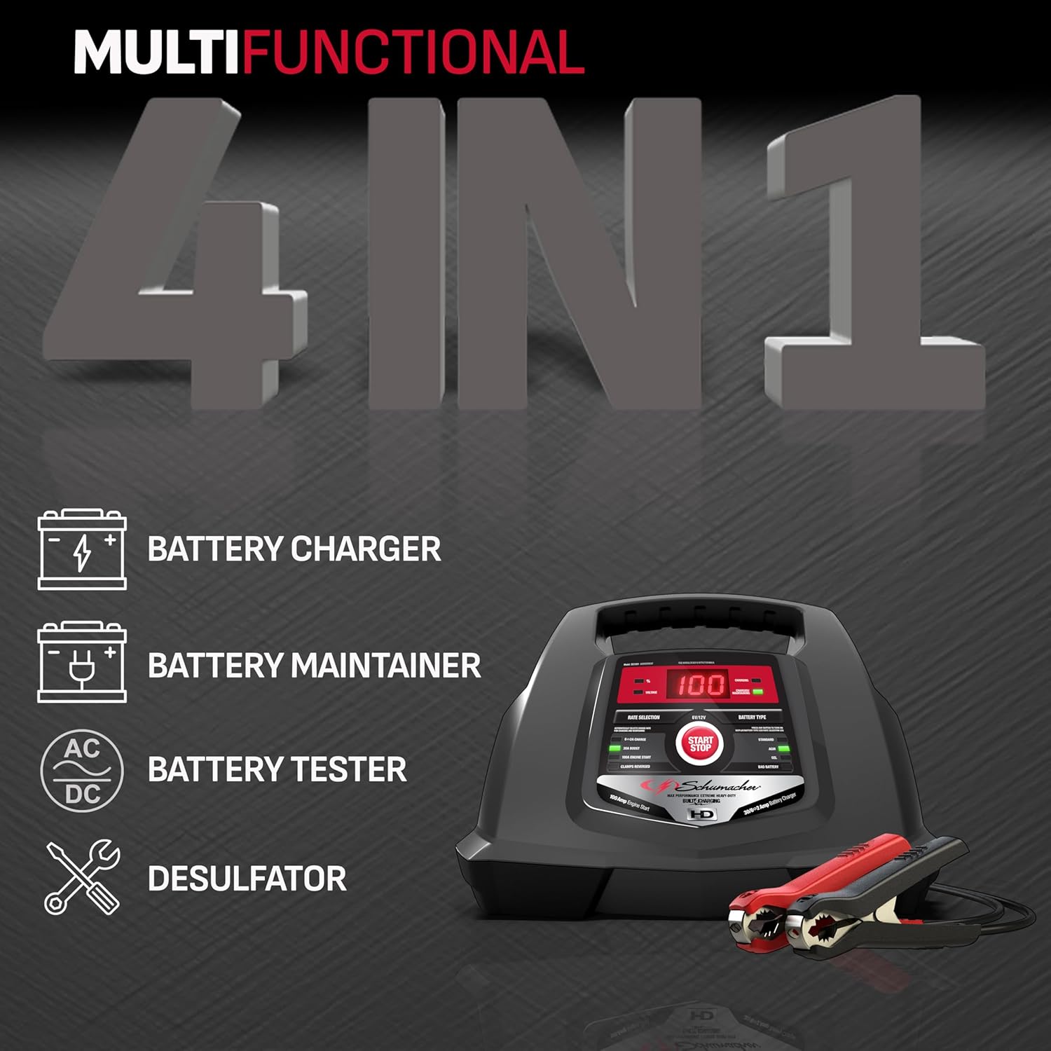 Schumacher Electric Battery Charger and Maintainer, SC1281, 4-in-1, Fully Automatic, 100 Cranking Amps, 6v and 12v Automotive Batteries - Ideal for Motorcycle, Cars, Trucks, Marine Batteries and More