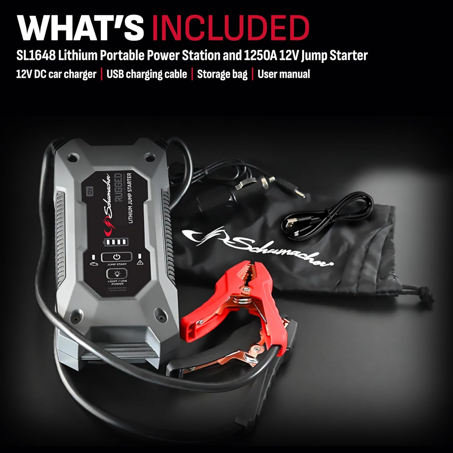 Schumacher Electric Lithium Jump Starter and Portable Power Pack SL1648, 3-in-1, 1250A, 12V, for 6.0L gas, 3.0L diesel engines- works on cars, trucks, motorcycles, marine batteries, SUVs, and more