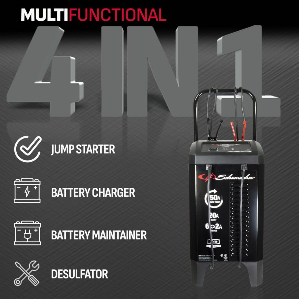 Schumacher Electric Wheeled Battery Charger and Jump Starter, SC1364, 4-in-1, Fully Automatic, 150 Cranking Amps, 20 Amp Boost, 12 Volts, For Cars, SUVs, Trucks, and Other Large Vehicle Batteries