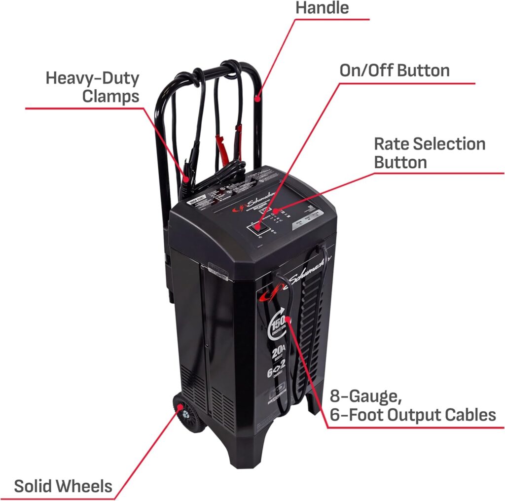 Schumacher Electric Wheeled Battery Charger and Jump Starter, SC1364, 4-in-1, Fully Automatic, 150 Cranking Amps, 20 Amp Boost, 12 Volts, For Cars, SUVs, Trucks, and Other Large Vehicle Batteries