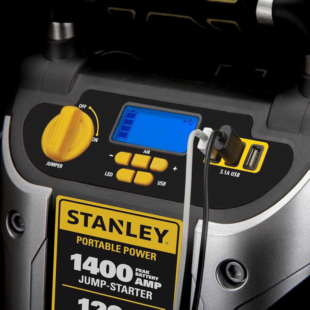 Stanley J7C09D 1400 Peak Amp Automotive Jump Starter, Portable Power – Triple 15W USB Ports, 120 PSI Air Compressor