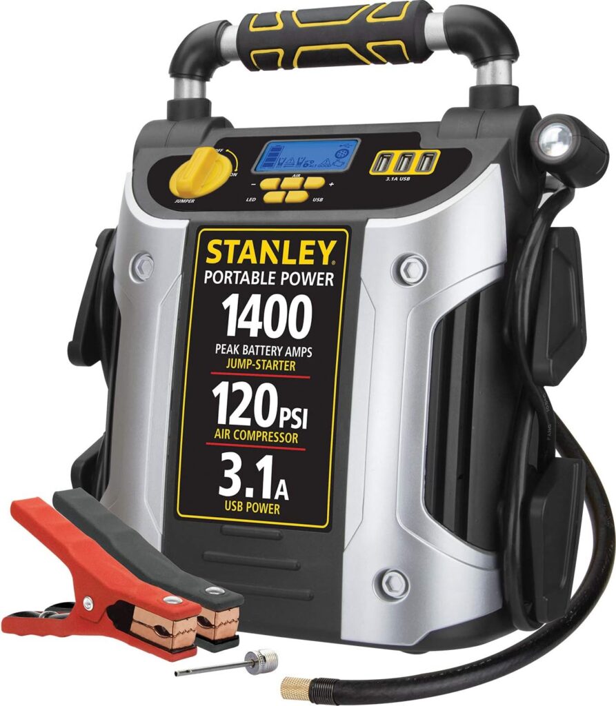 Stanley J7C09D 1400 Peak Amp Automotive Jump Starter, Portable Power – Triple 15W USB Ports, 120 PSI Air Compressor