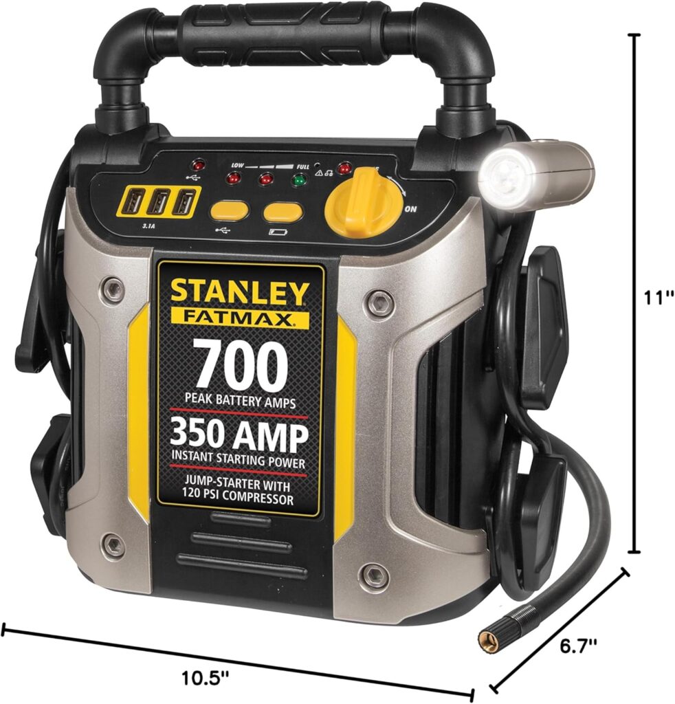 Stanley J7CS 700 Peak Amp Automotive Jump Starter, Portable Power – Triple 15W USB Ports, 120 PSI Air Compressor