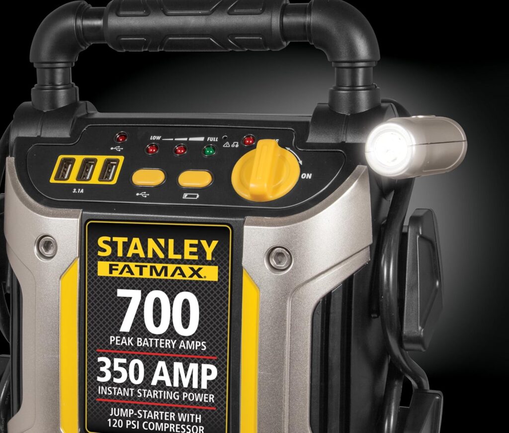 Stanley J7CS 700 Peak Amp Automotive Jump Starter, Portable Power – Triple 15W USB Ports, 120 PSI Air Compressor