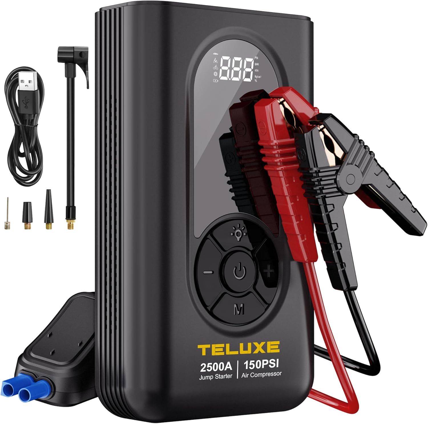 TELUXE Jump Starter with Air Compressor, 2500A 150PSI Car Battery Jump Starter with Digital Tire Inflator, 12V Lithium Jump Box for Vehicles, Car Battery Booster for 8.5L Gas or 6.0L Diesel Engines.