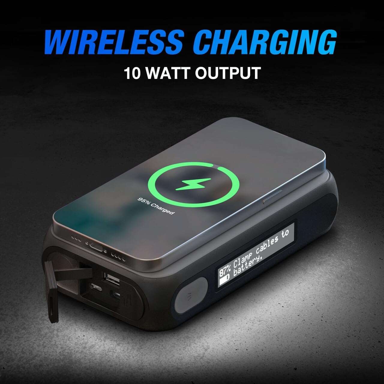 Type S 1000A Car Battery Jump Starter Power Bank Portable, 12V 6.0L Gas 3.0L Diesel, LCD Display, Battery Jump Box, 8000mAh, Qi Wireless Charging, LED Flashlight, USB-C USB-A, UL Listed - Black