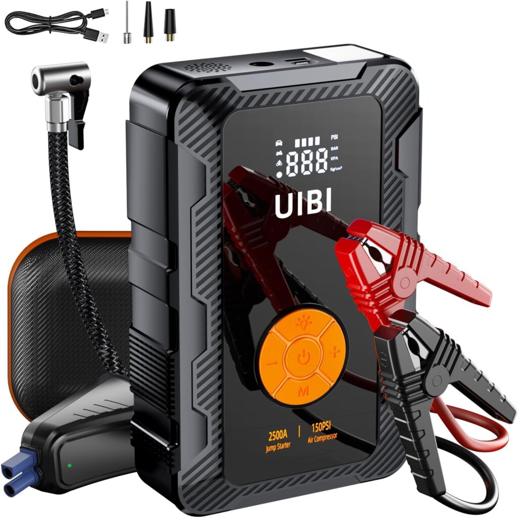 [TypeC 45W Upgraded] UIBI X6 Jump Starter with Air Compressor 20000mAh, 2500A Car Battery Jumper Starter Portable (8.5L Gas/8.0L Diesel)12V Battery Booster Jump Box 150PSI Digital Tire Inflator,Lights