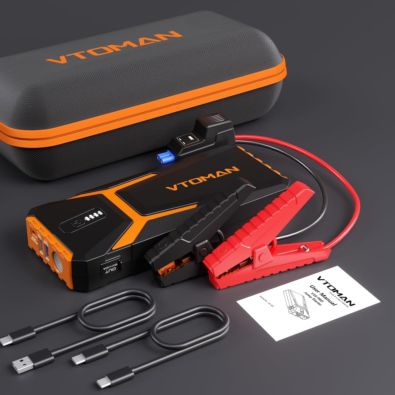 VTOMAN V10 Pro 4500A Jump Starter, Portable Car Starter (All Gas, 10.0L Diesel Engine) 12V Lithium Jump Box, Battery Booster Power Pack, Car Battery Charger Jumper with Type C Quick Charge, LED Lights