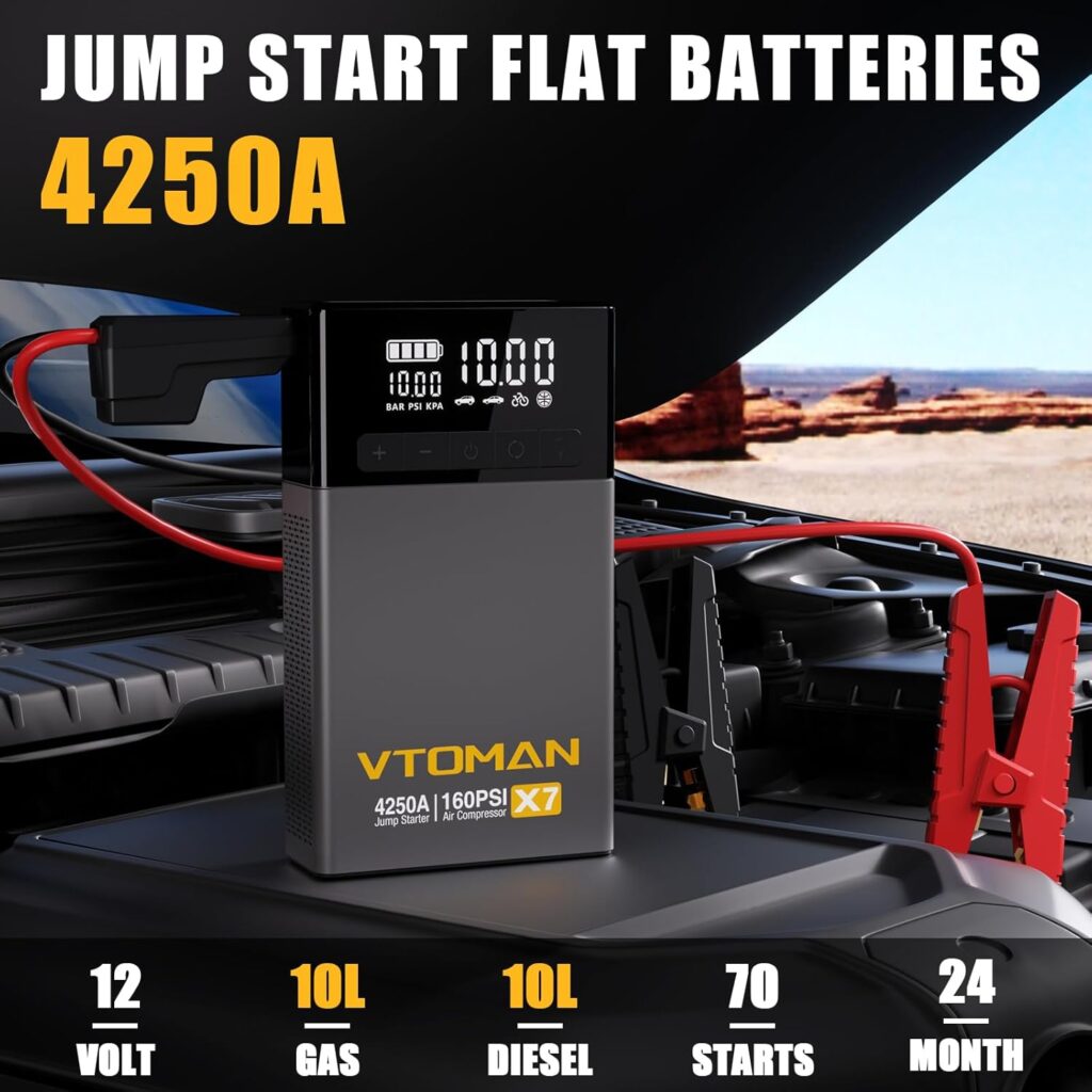 VTOMAN X7 Jump Starter with Air Compressor, 4250A Portable Car Jumper with 160PSI Digital Tire Inflator,12V Lithium Battery Charger Booster Box with Type-C Quick Charge (Up 10L Gas/10L Diesel Engine)