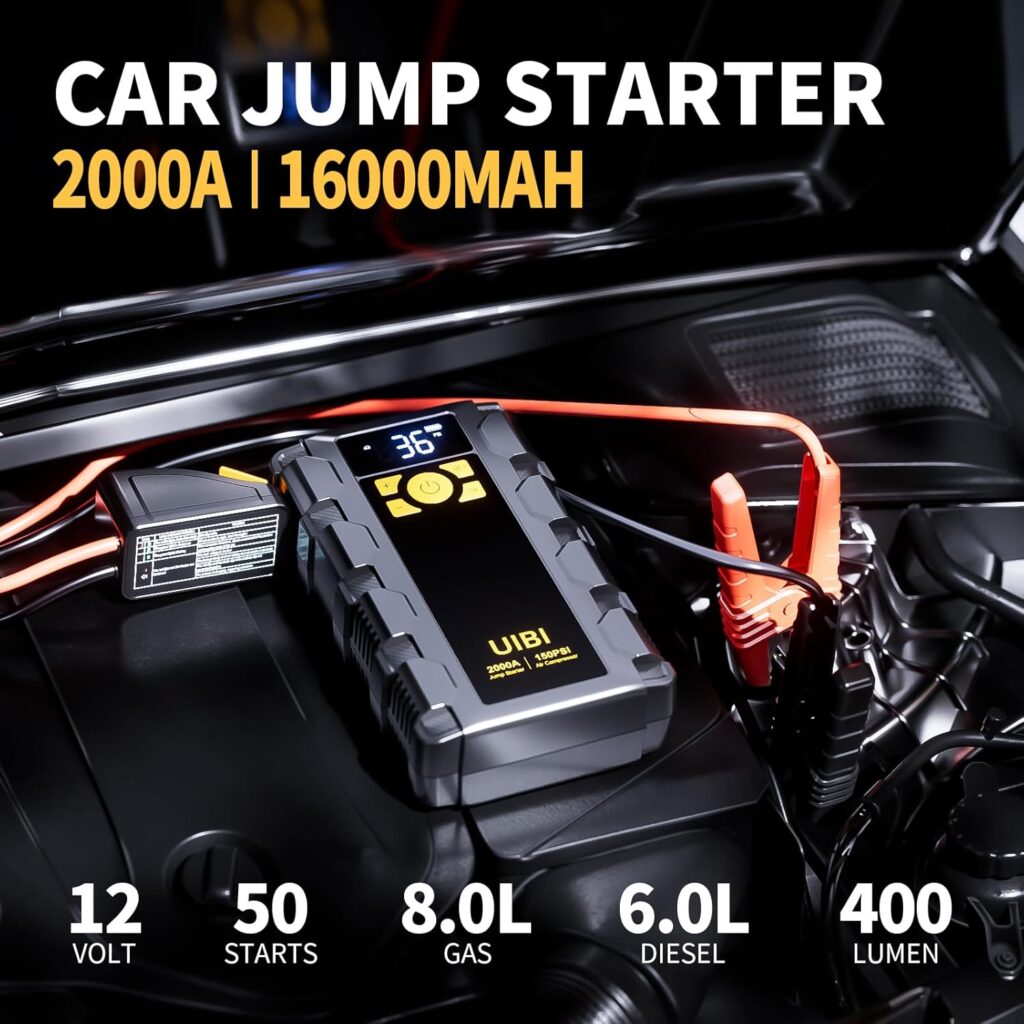 X5 Car Jump Starter with Air Compressor, 2000A Car Battery Jump Starter with 150PSI Tire Inflator Portable, Battery Jumper Starter, Jump Box for 8.0L Gas or 6.0L Diesel Vehicles.