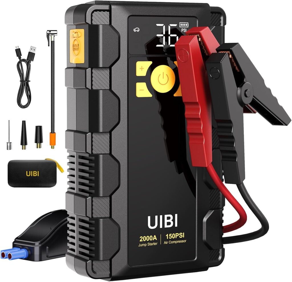 X5 Car Jump Starter with Air Compressor, 2000A Car Battery Jump Starter with 150PSI Tire Inflator Portable, Battery Jumper Starter, Jump Box for 8.0L Gas or 6.0L Diesel Vehicles.