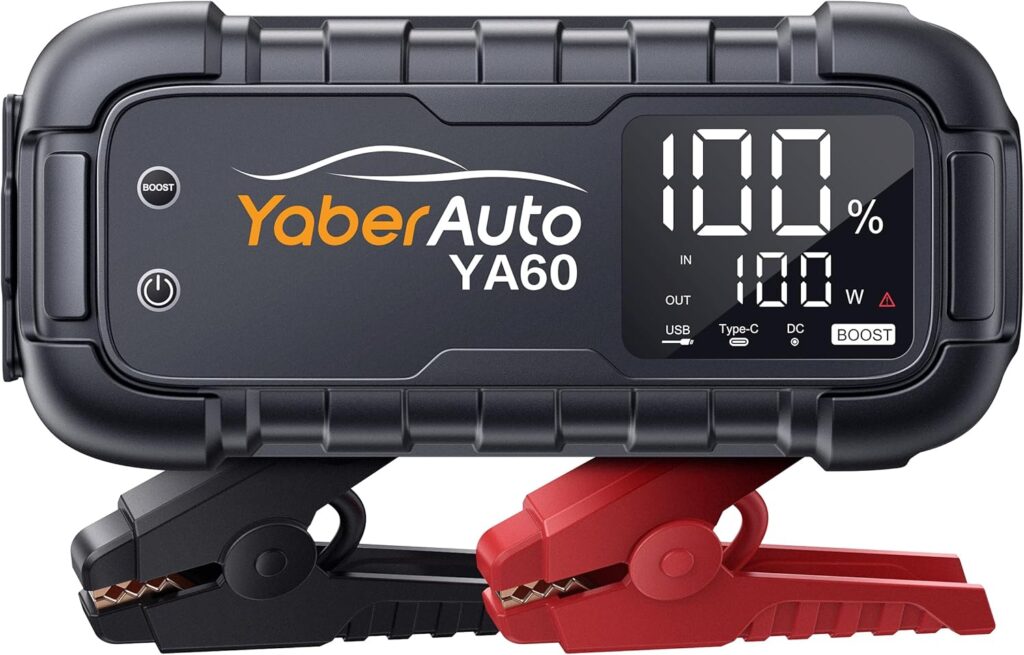 YaberAuto Car Battery Jump Starter 6000A Jump Box 45W Fast Charging (All Gas/12.0L Diesel) Portable Car Jump Starter Battery Pack, Car Battery Jumper with Extended Jumper Cables, 600 Lumens Light