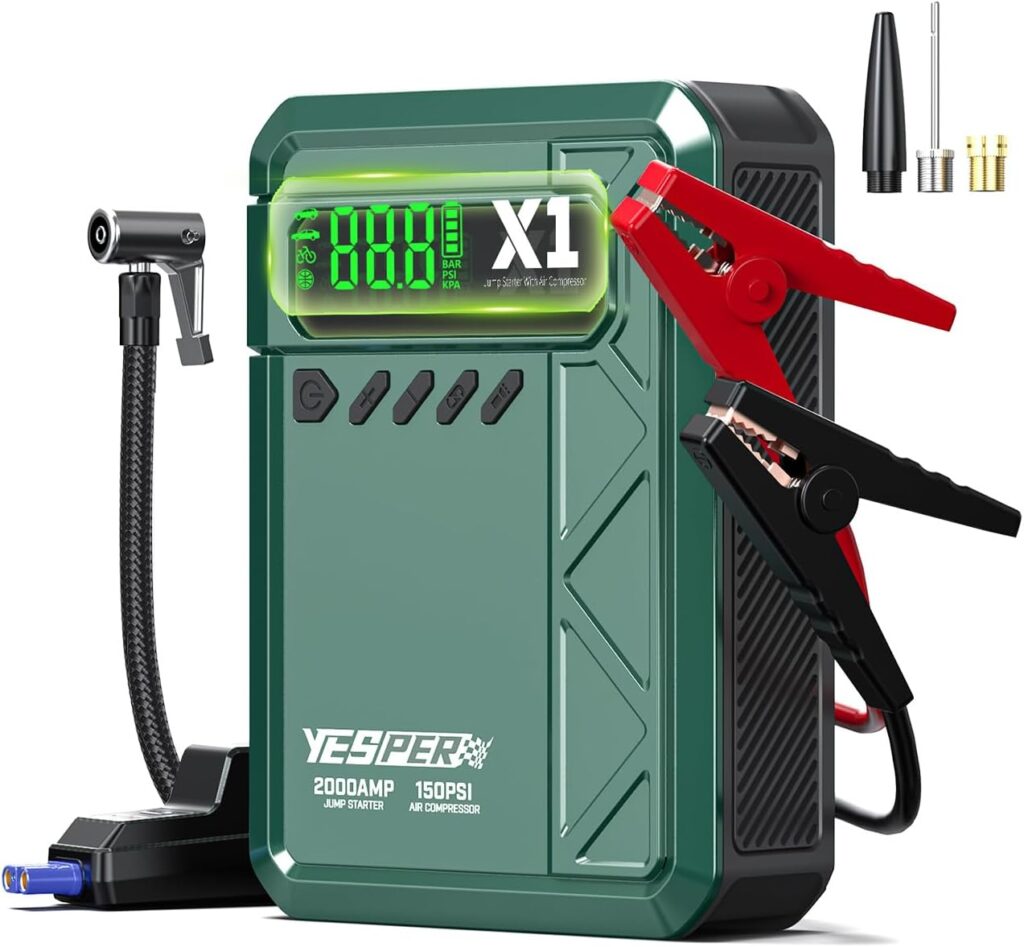 YESPER Car Jump Starter with Air Compressor, 2000A Peak Portable Jump Pack with 150PSI Digital Tire Inflator, 12V 12000mAh Battery Charger Jumper Starter for Up to 8L Gas  6L Diesel Engines